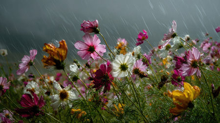Cosmos in a storm, heavy rain pouring down, strong winds twisting their leaves