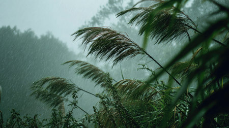 Heavy rain pouring down, strong winds twisting their leaves