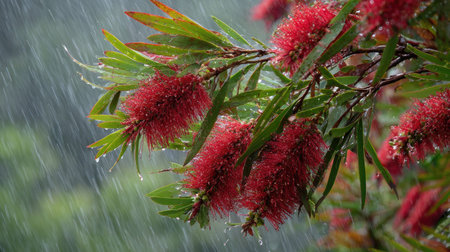 Bottlebrush in a storm, heavy rain pouring down, strong winds twisting their leaves
