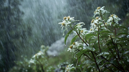 Edelweiss in a storm, heavy rain pouring down, strong winds twisting their leaves