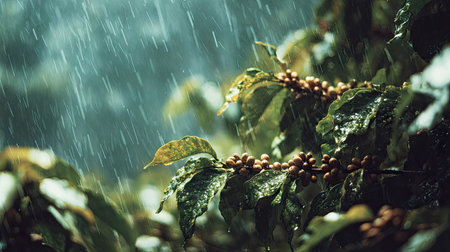 Coffee in a storm, heavy rain pouring down, strong winds twisting their leaves