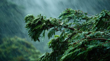 Hemlock in a storm, heavy rain pouring down, strong winds twisting their leavesの写真素材