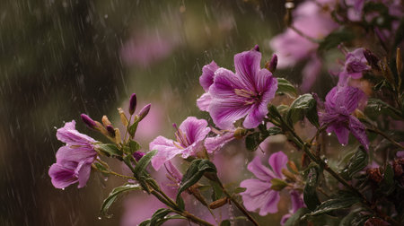 Clarkia in a storm, heavy rain pouring down, strong winds twisting their leaves
