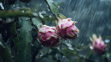 Dragon fruit in a storm, heavy rain pouring down, strong winds twisting their leaves