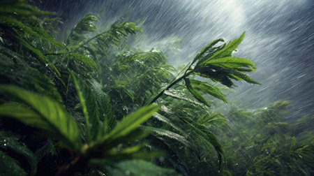 Guar in a storm, heavy rain pouring down, strong winds twisting their leaves
