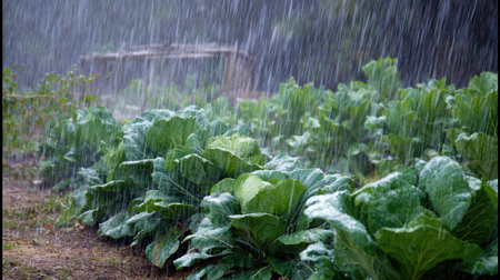 Collard greens in a storm, heavy rain pouring down, strong winds twisting their leavesの写真素材