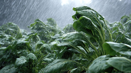 Choy sum in a storm, heavy rain pouring down, strong winds twisting their leaves