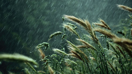 Fonio in a storm, heavy rain pouring down, strong winds twisting their leavesの写真素材