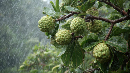 Custard apple in a storm, heavy rain pouring down, strong winds twisting their leaves