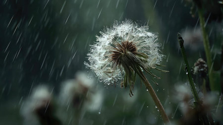 Dandelion in a storm, heavy rain pouring down, strong winds twisting their leaves