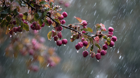 Crabapple in a storm, heavy rain pouring down, strong winds twisting their leaves