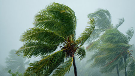 Coconut palm in a storm, heavy rain pouring down, strong winds twisting their leavesの写真素材