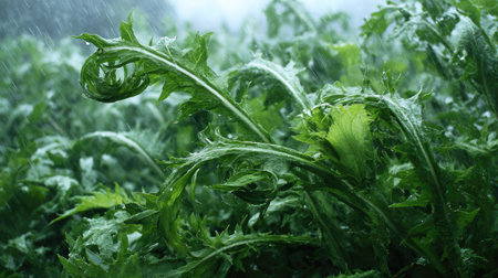 Dandelion greens in a storm, heavy rain pouring down, strong winds twisting their leavesの写真素材