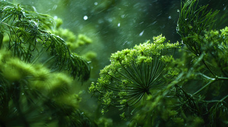 Dill in a storm, heavy rain pouring down, strong winds twisting their leavesの写真素材