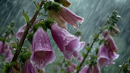 Foxglove in a storm, heavy rain pouring down, strong winds twisting their leaves