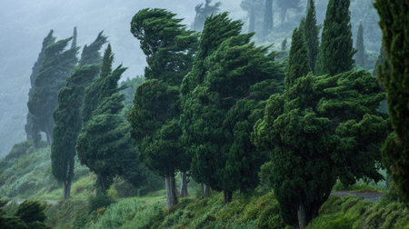 Italian cypress in a storm, heavy rain pouring down, strong winds twisting their leavesの写真素材