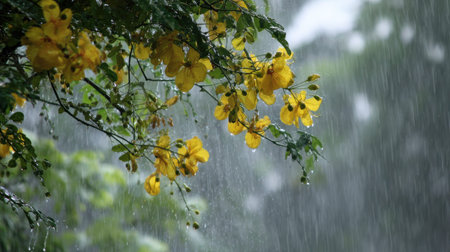 Golden shower tree in a storm, heavy rain pouring down, strong winds twisting their leaves