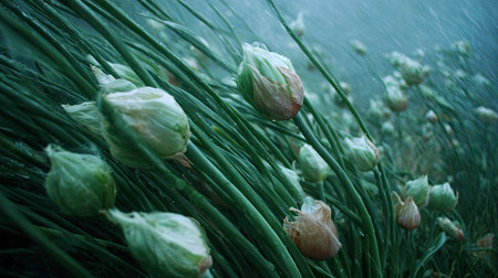 Garlic in a storm, heavy rain pouring down, strong winds twisting their leaves