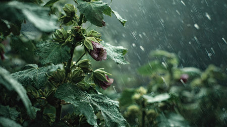 Jute mallow in a storm, heavy rain pouring down, strong winds twisting their leaves