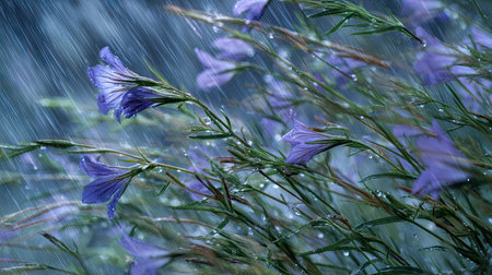 Gilia in a storm, heavy rain pouring down, strong winds twisting their leaves