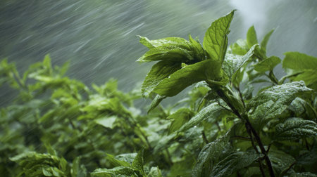 Perilla in a storm, heavy rain pouring down, strong winds twisting their leaves