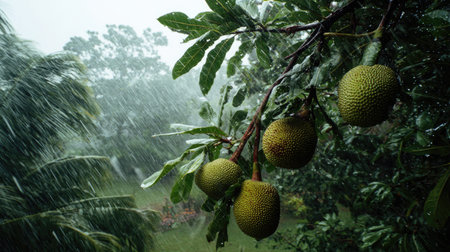 Jackfruit in a storm, heavy rain pouring down, strong winds twisting their leaves