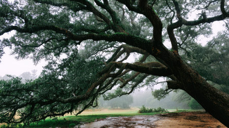 Live oak in a storm, heavy rain pouring down, strong winds twisting their leaves
