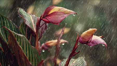 Maranta flower in a storm, heavy rain pouring down, strong winds twisting their leaves