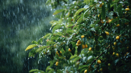Heavy rain pouring down, strong winds twisting their leaves
