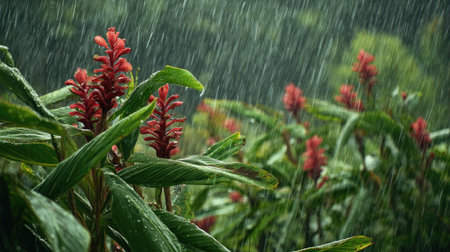 Galangal in a storm, heavy rain pouring down, strong winds twisting their leaves