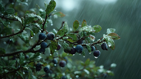 Huckleberry in a storm, heavy rain pouring down, strong winds twisting their leavesの写真素材