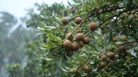 Longan in a storm, heavy rain pouring down, strong winds twisting their leaves