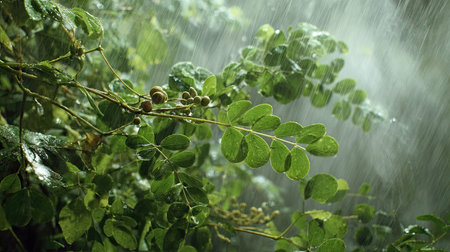 Moringa leaves in a storm, heavy rain pouring down, strong winds twisting their leaves