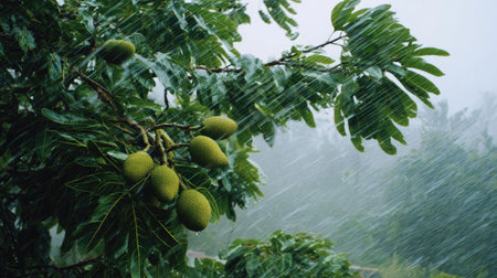 Jackfruit tree in a storm, heavy rain pouring down, strong winds twisting their leavesの写真素材