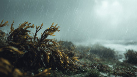 Seaweed in a storm, heavy rain pouring down, strong winds twisting their leaves