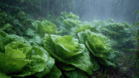 Lettuce in a storm, heavy rain pouring down, strong winds twisting their leavesの写真素材