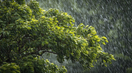 Lime tree in a storm, heavy rain pouring down, strong winds twisting their leaves