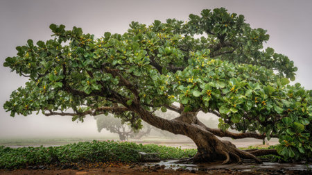 Sacred fig in a storm, heavy rain pouring down, strong winds twisting their leavesの写真素材