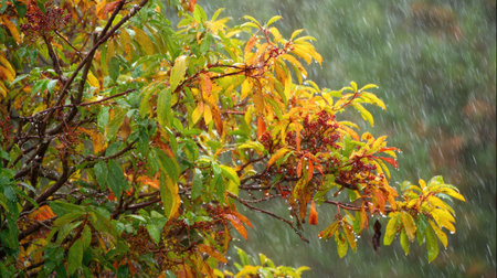 Sassafras in a storm, heavy rain pouring down, strong winds twisting their leaves