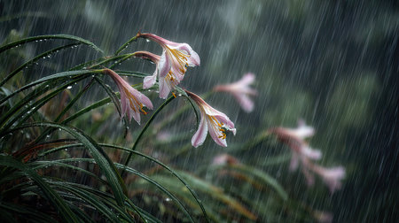 Rain lily in a storm, heavy rain pouring down, strong winds twisting their leavesの写真素材