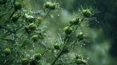 Nigella in a storm, heavy rain pouring down, strong winds twisting their leaves