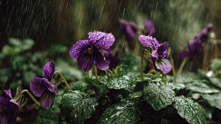 Viola in a storm, heavy rain pouring down, strong winds twisting their leaves