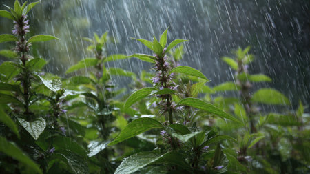 Pachystachys in a storm, heavy rain pouring down, strong winds twisting their leaves