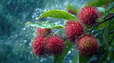 Rambutan in a storm, heavy rain pouring down, strong winds twisting their leaves