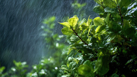Shiny bush in a storm, heavy rain pouring down, strong winds twisting their leaves