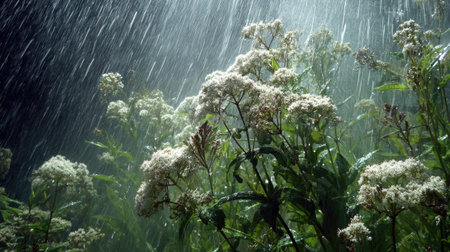 Valerian in a storm, heavy rain pouring down, strong winds twisting their leaves