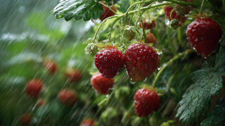 Strawberry in a storm, heavy rain pouring down, strong winds twisting their leaves