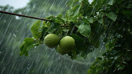 Water apple in a storm, heavy rain pouring down, strong winds twisting their leaves