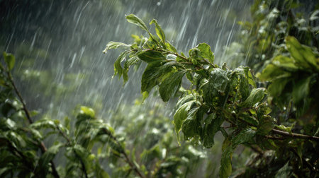 Heavy rain pouring down, strong winds twisting their leaves