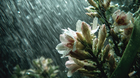 Tuberose in a storm, heavy rain pouring down, strong winds twisting their leaves